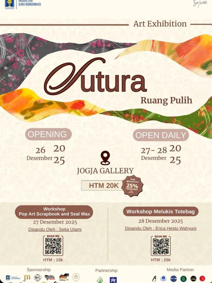 Poster resmi Pameran Seni Rupa “Sutura: Ruang Pulih” di Jogja Gallery yang menampilkan jadwal pembukaan, tanggal pameran, serta informasi workshop kreatif bagi pengunjung.